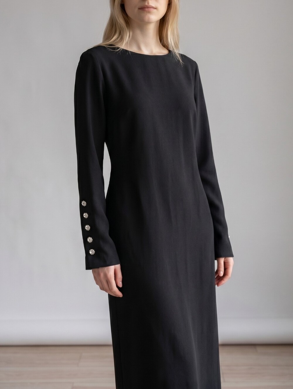 Talbots Career Black Shift Dress Long Sleeves Crystal Rhinestone Buttons